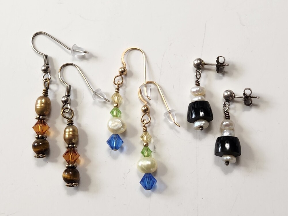 3 pr Genuine Pearl Earrings Natural Onyx Tigers Eye Faceted Crystal Dangle Drop